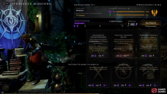 speak to them to open up the Faction UI, here you&rsquo;ll find three PvE  missions on top, and three PvP missions at the bottom. You can also access the Faction Shop here.