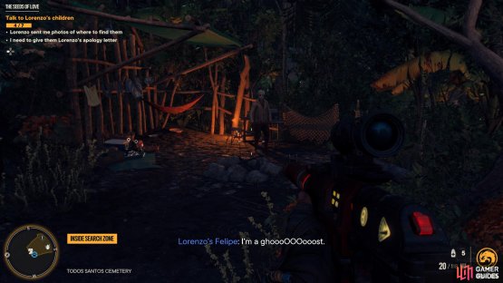 and look for a hut with Lorenzo&rsquo;s child pretending to be a zombie.