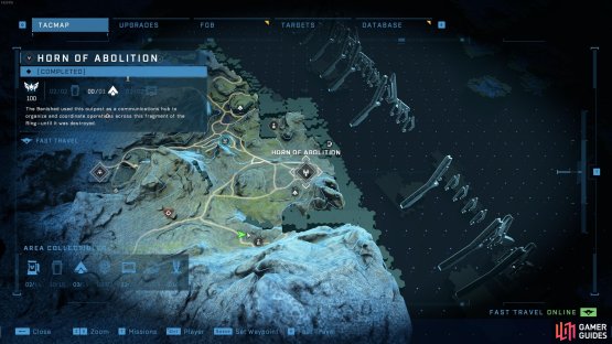 The location of the Alone Spartan audio log, southwest of Horn of Abolition.