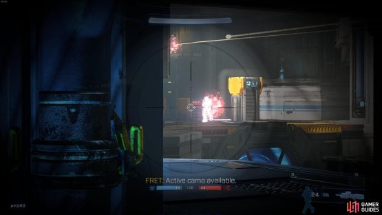 You can scope with the BR75 to improve visuals on enemies in the distance. Once an enemy&rsquo;s shield is popped, as above, one shot to the head with the BR75 will kill them instantly.