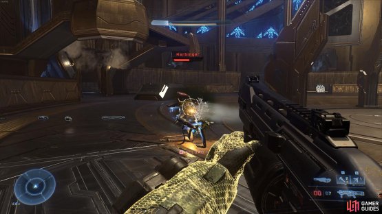 When the Harbinger&rsquo;s shield is depleted, you can shoot her once or twice to inflict damage to her health.