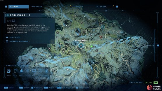 The location of the Spartan audio log in relation to Fob Charlie.