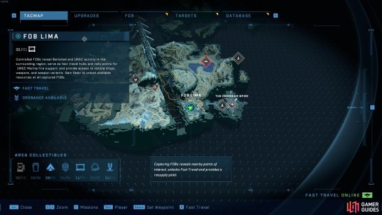 The location of Fob Lima, in the southeastern part of the map, directly west of The Command Spire.