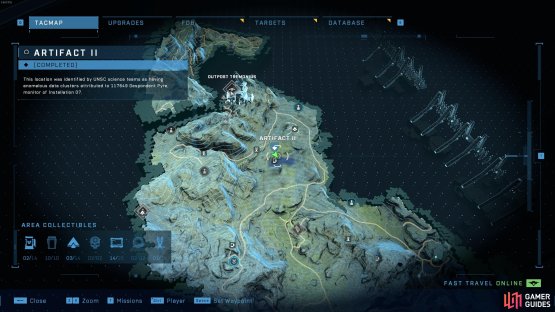 The location of the second Forerunner artifact, southeast of Outpost Tremonius.