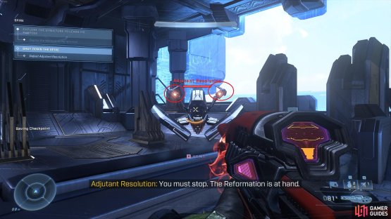 You&rsquo;ll need to shoot the &ldquo;eyes&rdquo; highlighted here in red, to damage the Adjutant Resolution.