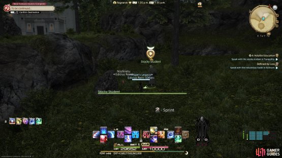 Head to (X: 7.4, Y: 7.6) and speak with the Stocky Student
