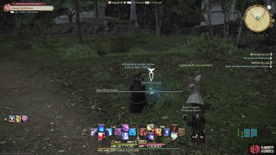 Head to  (X: 32.7, Y: 13.4) and and pick up the crate beside the Lab Assistant.