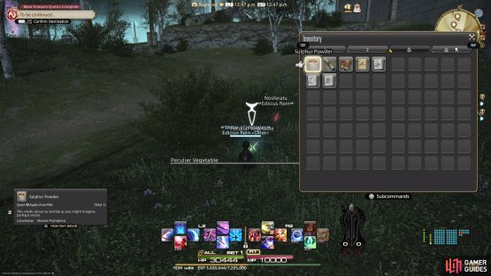 Head to (X: 19.9, Y: 16.2)and use Sulfur Powder on the Peculiar Vegetables 