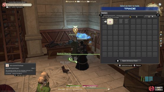 Give the envelope to the Bookish Miqo&rsquo;te in The Confluence. 
