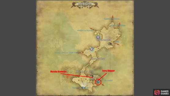 You can find Moraby Drydocks and the Ferry Skipper to Wolves&rsquo; Den in the south of Lower La Noscea.