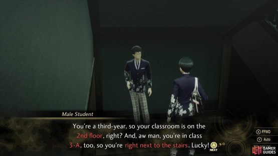 The student underneath the stairs tells you where to find your classroom