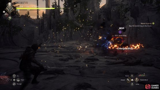Performing a Charged Magic Shot can knock down the Bomb King giving you ample time to use a combo on the poor soul.