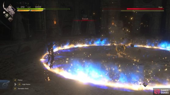 Jumping over the shockwaves for Tumult is the best option to avoid damage.
