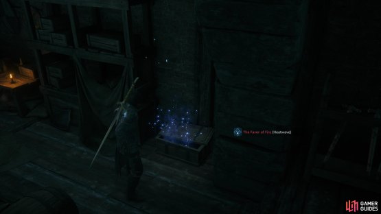Loot a chest in a storage room to find !The Favor of Fire (Heatwave) accessory.