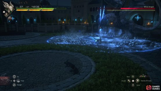 Move away from the dragon to avoid its Ice Breath.