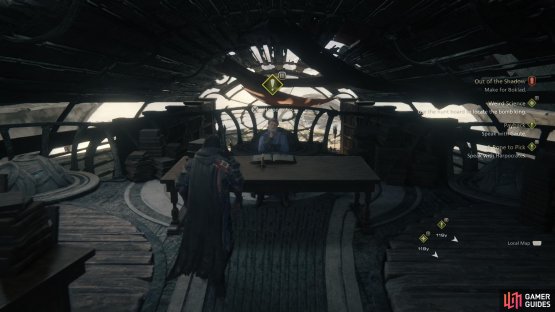 Speak with Harpocrates after visiting !Charon at her shop.