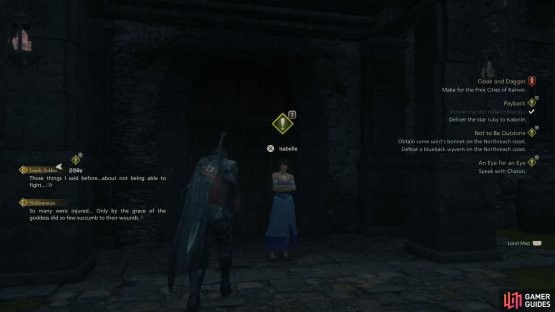 Speak with !Isabelle just outside !The Veil brothel.