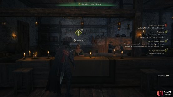 Speak with !Martha at the bar to offer her the Star Ruby.
