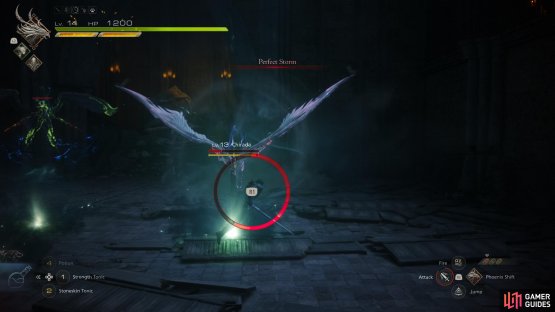 You&rsquo;ll have a brief warning window marked by this circle to evade any relevant attack if you equip the !Ring of Timely Focus.