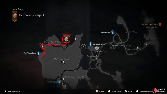 Start from the Velkroy Desert obelisk and head north into the Ceratina ruins. Go through them to enter the Northern Velkroy Desert and head east, then north.