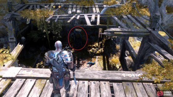 After grappling over, turn right (west) and look down to see the Lore Marker.