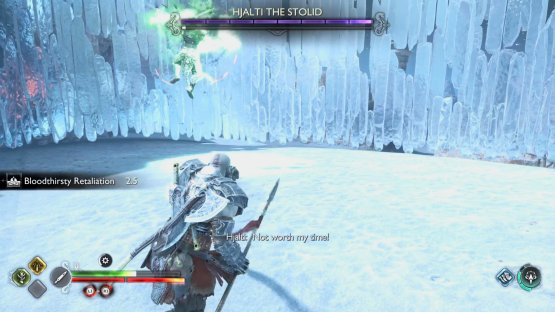 Hjalti will leap back to the edge of the arena, and a red-ring will appear.