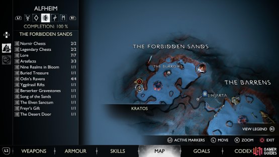 The location of the Dawnbloom Flower in the southwest of The Forbidden Sands, Alfheim.
