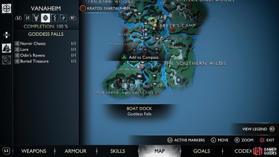 The location of Goddess Falls in Vanaheim, where you&rsquo;ll find the Under the Rainbow Buried Treasure.