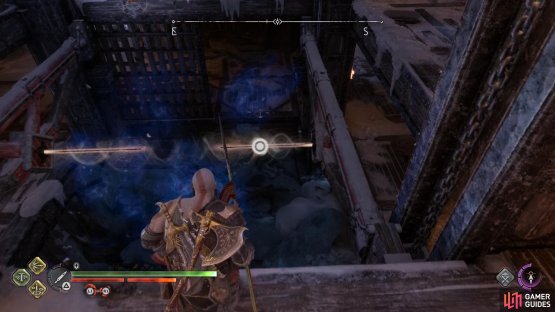 Use the other Draupnir Spear handhold to jump down to the other side of the lowest level.