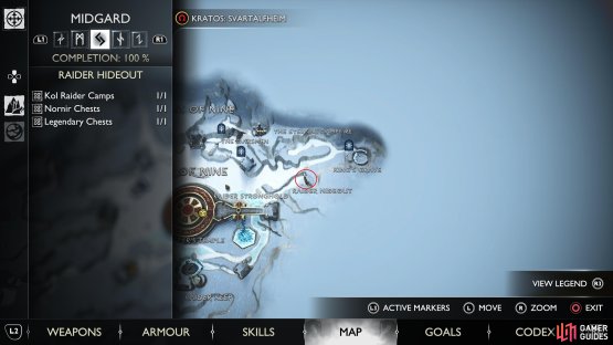 The location of the Raider Hideout in the eastern part of the Lake of Nine, Midgard.