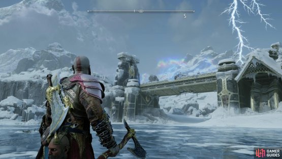 You can spot the tell-tale rainbow shimmer of a Remnants of Asgard site on the bridge leading to Tyr&rsquo;s Temple.