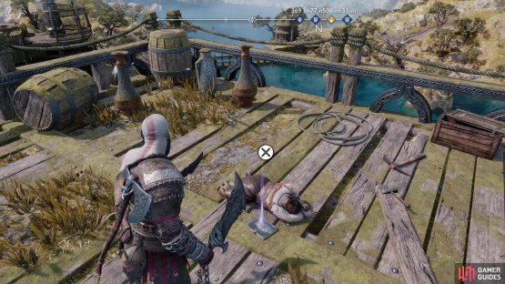 Jump some gaps to reach a platform housing a chest and a Kvasir&rsquo;s Poems artifact.