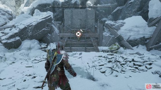 Defeat the Remnants of Asgard, then use the Blades of Chaos to smash a barrier.