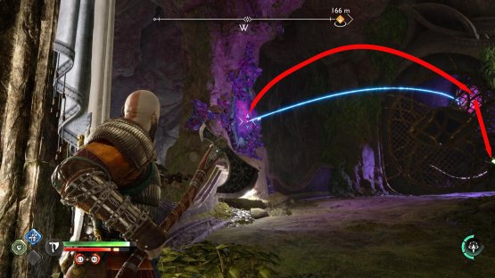 Bounce the axe on the middle right of the Twilight panel through the hole to the other Twilight panel to hit the raven.