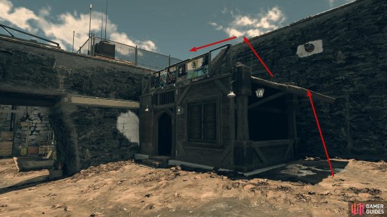 Climb the roof on the house to the right of Laredo Firearms  and head to the fenced area.
