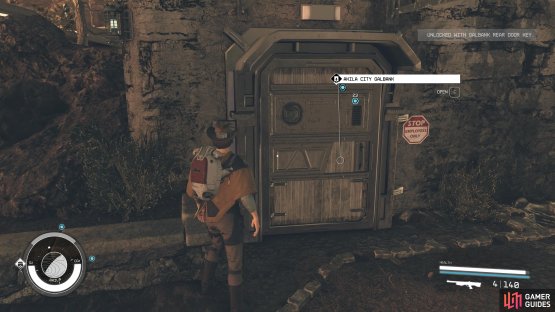 You can enter the GalBank using the back door with the key given to you by the marshal.