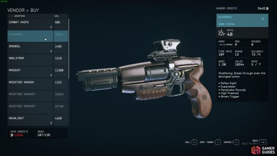 The Elegance is a solid pistol for damaging armored opponents or use while stealthed. It&rsquo;s arguably one of the best unique weapons in the early game of Starfield.