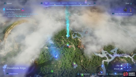 The location of The High Loom camp, northeast of Hometree, and the quest marker for Mender&rsquo;s Cave.