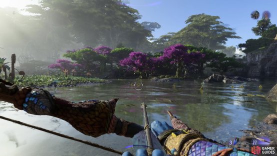 Look for the purple trees on the island, distinguishing it from the others.