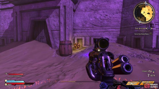 to find the next Lucky Dice sitting next to a barrel.