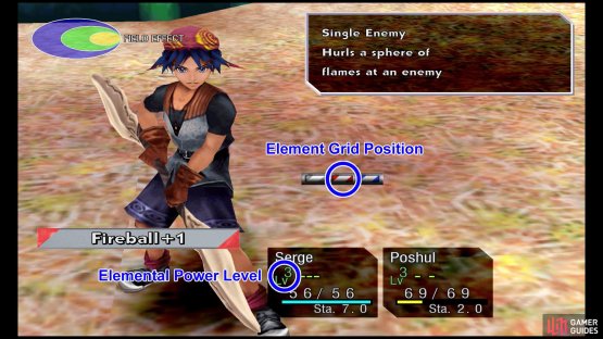 Serge&rsquo;s Elemental Power Level is 3, so he can use Fireball +1, which is equipped in the Level 2 position.