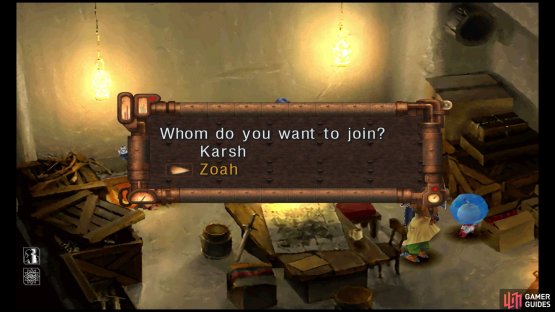 In the hidden room at the bar in Termina, you can choose between Karsh or Zoah.