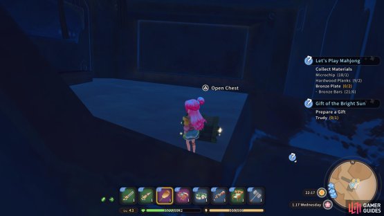 Climb the steps and jump into the metal towers opening to find the chest.