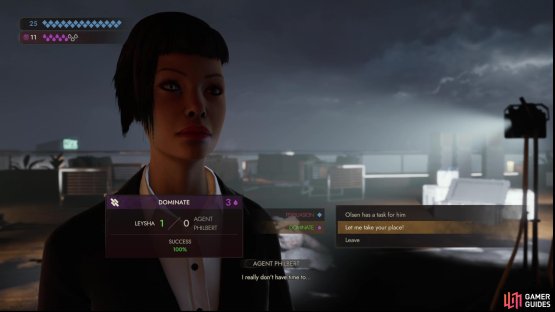 Get rid of Agent Philbert using either Persuasion or Domination,