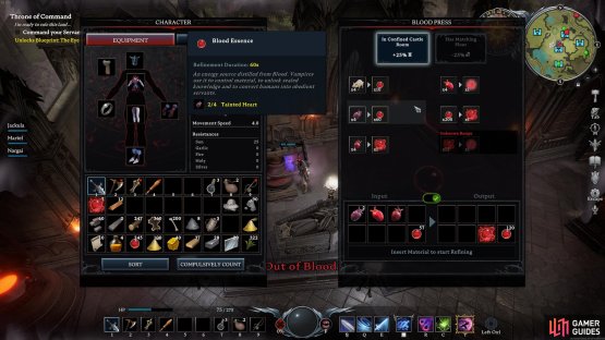 It costs 4 Tainted Hearts to produce 60 Blood Essence from a Blood Press without an Alchemy Floor.