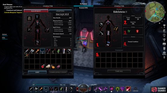 1. - Character Gear, 2. - Stats (Power Level is important), 3.- Perks (What perks that particular servant has), 4. - Status (Injuries etc.), 5. - Container (Where loot goes)