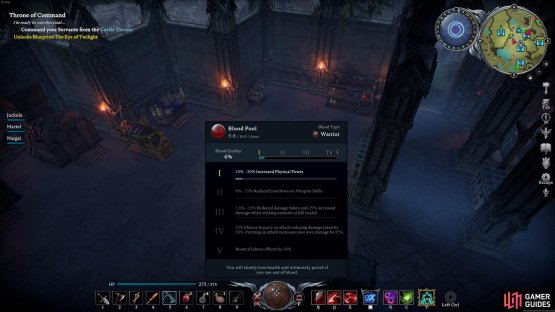 You can view the amount of blood, blood type, and blood quality that you currently have by hovering over the Blood Pool in the bottom centre of your screen.