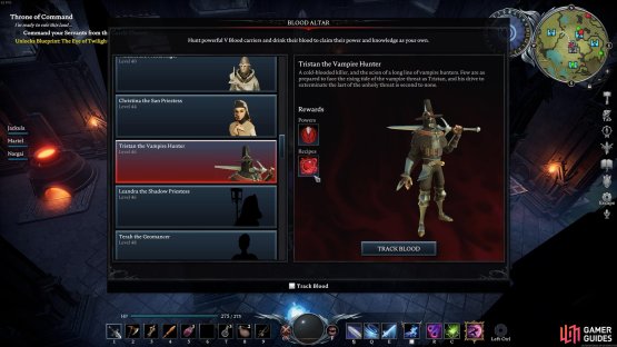 You can track Tristan the Vampire Hunter and view the recipe rewards from him at the Blood Altar.
