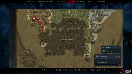 From the northwestern Farbane Woods Waygate, follow the path north, west, north, and west again to find the Trade district.