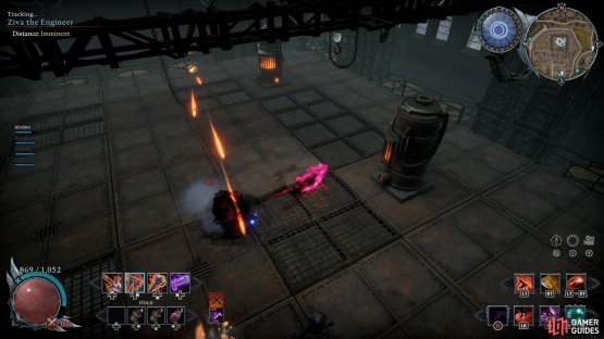 Gatling Barrage: Ziva will hop back and fire a prolonged barrage of bullets that track your location, similar to a Gatling gun.
